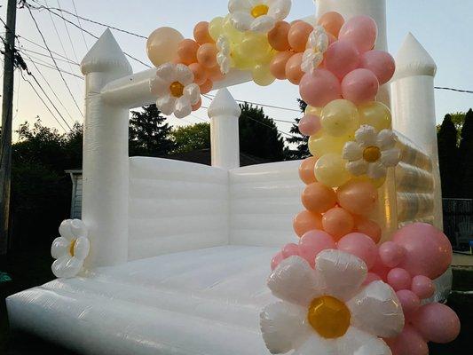 13 x 13 White bounce house with add on service balloon arch