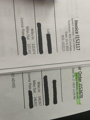 Original Mileage and date vs. mileage now and date