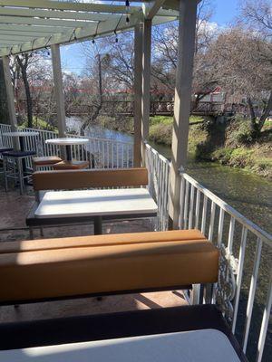 Ione Sweets beautiful patio seating along the creek