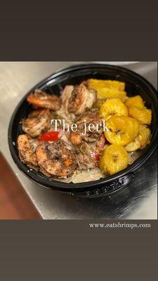 The Jerk-
Jerk shrimp in bumboclaat sauce (jerk alfredo sauce) with plantains