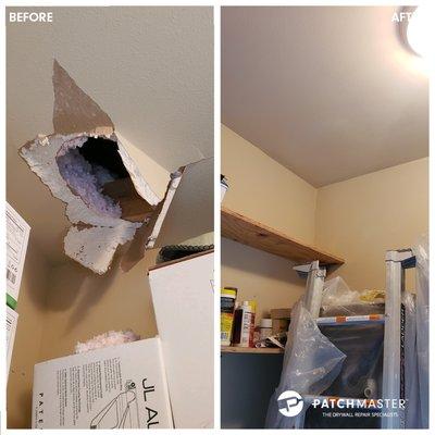 HVAC technician's foot through ceiling. Repaired damaged drywall, textured and paint matching.