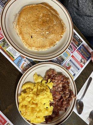 The fluffiest pancakes, scrambled eggs and corned beef hash.