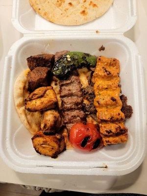 Combination of adana, kofte, lamb and chicken shish kabob, lamb and beef shawarma meat.