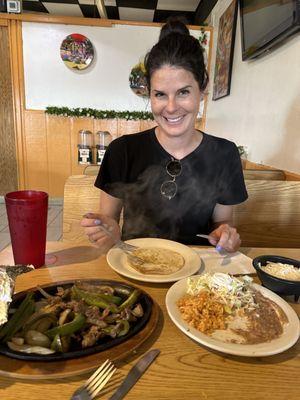 Katie and I sharing beef (steak) fajitas!