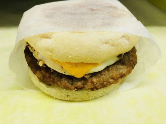 English muffin sausage egg & cheese. Also available with bacon or ham. Your choice.