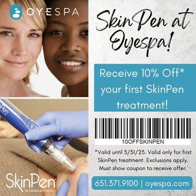 Receive 10% Off your first SkinPen treatment at OYESPA! Show this post to receive offer.