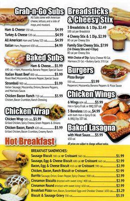 Breakfast and Sandwich Menu