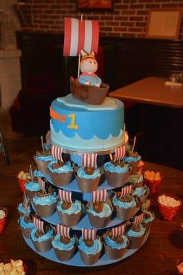 Viking baby cake with matching cupcake tower from Andresen's Bakery