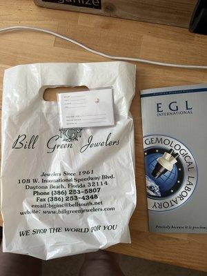 Original bag from purchase, diamond, and EGL cert