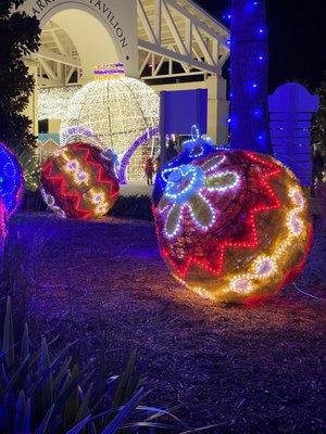 Giant holiday balls lit up!