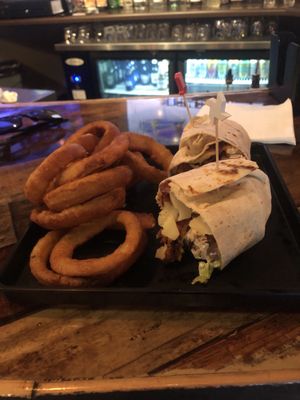 Fried chicken bacon wrap with o-rings.