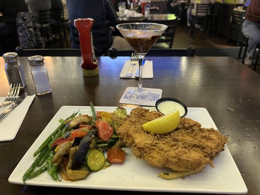 Large fried haddock with double vegetables, and a chocolate martini