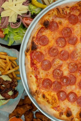 Burger and fries, Chef salad and pepperoni pizza