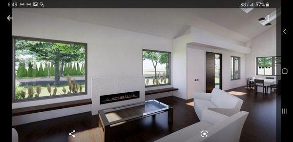 Digital rendering of great room fireplace and large picture windows