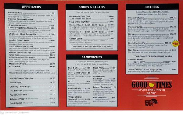 New 2022 menu. Feeling hungry, swing by and have a Goodtimes Munchie Platter or one of many Quesadilla. Plenty of appetizers to feast on.