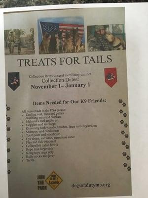 Collecting K9 items to send to military canines.  Drop off a donation at our office today!