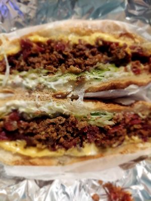 Chopped cheese sandwich with beef bacon