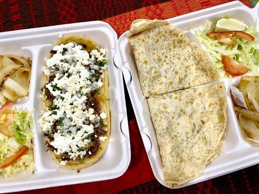 Left: Huarache de fajita Right: Quesadilla de fajita