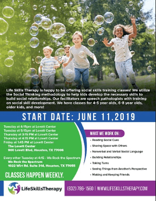 2019 Summer Social Skills Classes!