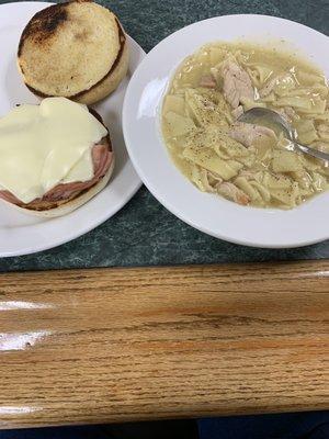 Great lunch  Grilled ham and cheese, chicken soup.