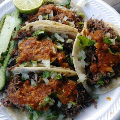 Barabcoa Tacos! Tender flavorful! They sell out so make sure you get there early!!