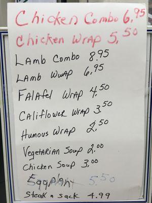 List can change daily, but this written menu shows their reasonable prices and what your choices are.