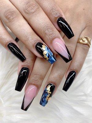 Black, blue v- french marble nails