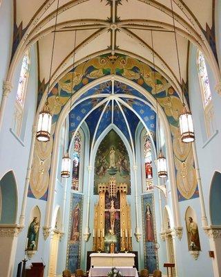 The view inside of the church next to the barn