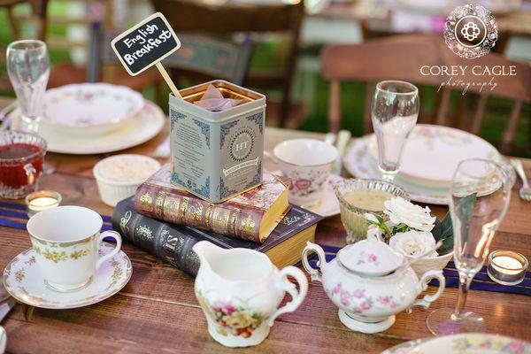 Table scape for a wedding at Pinebrook Manor for an English Tea and vintage china themed wedding