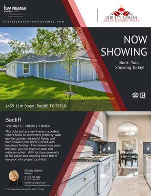 Just Listed!  4439 11th Street, Bacliff, Tx 77518
 
 Go to https://pages.kw.com/christy-bohlen/353035/443911th.html for more information.