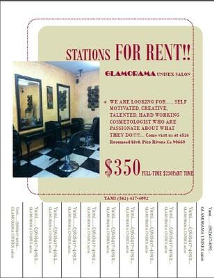 Stations for rent. Contact us if you're a hair stylist looking for a great place to work.