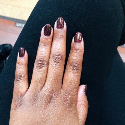 $28  (Gel manicure + one acrylic nail fix) color #9 (Caramelized Plum)