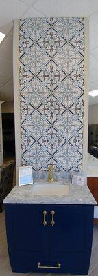 Syn-mar vanity top with Showplace vanity and flower ceramic tile