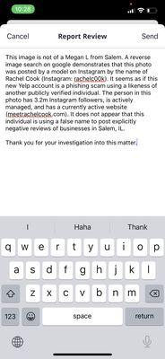 An inquiry message sent to Yelp regarding an attempted phishing account