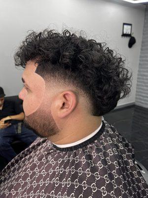 Burst fade, beard line up, curly top