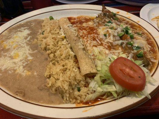 Combination plate: Chile relleno, flauta, enchilada