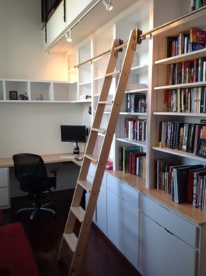 Built-in office, w/ cabinets and library ladder to reach upper shelving, designed, built and installed by by R. E. Price