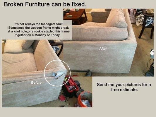 Repair to broken furniture frame and upholstery