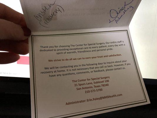 Our Thank You card after surgery, signed by everyone that cared for patient... so sweet!