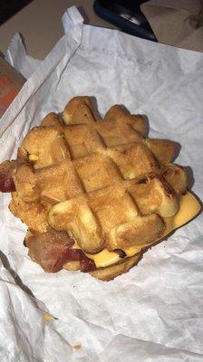 Pretty good. Waffle biscuit with bacon.