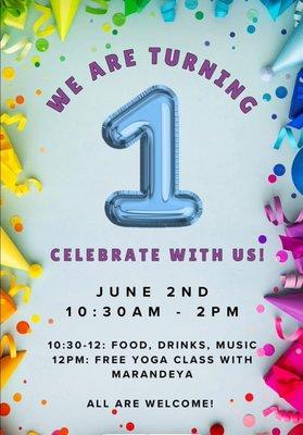 Please join us for our 1 year anniversary party! Sunday June 2nd 2024 at Yoga Haven SD studio!