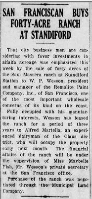 The article in the Modesto Bee, January 19, 1918 about the purchase of the 40 acres by Walter Perrin Wesson Sr.