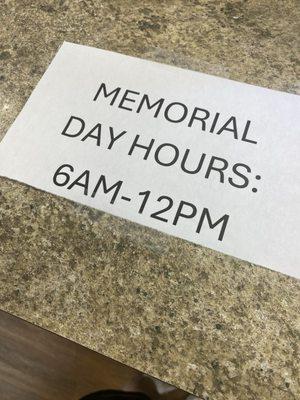 memorial day hours