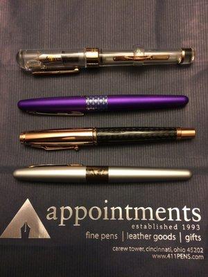 The four pens I purchased. Only the two lower end models came with their case and paperwork. The Monteverde even lacked the converter.