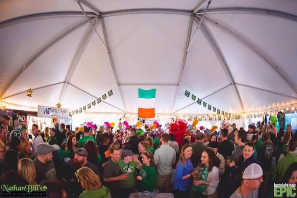 Frame tent setup for a beer garden during St. Patrick's Day festivities!