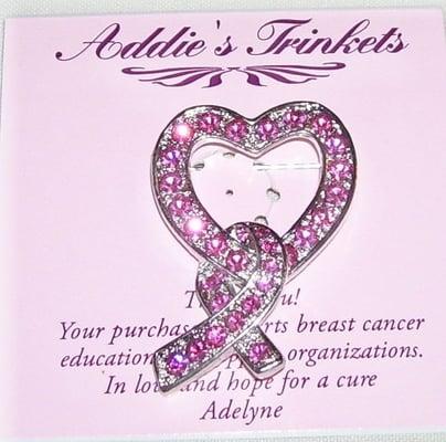 Heart & Pink Ribbon Pin (Crystal)order#1024@$10.00