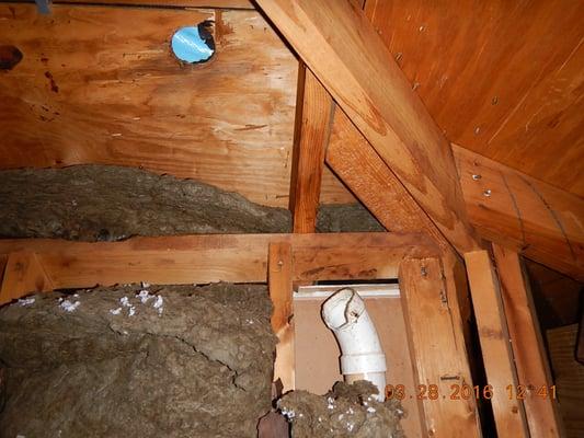 Broken drain waste vent pipe during roof installation.  This attic was a bit pungent!