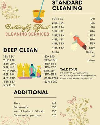 Right here are our prices of our standard cleaning and deep cleaning and additional