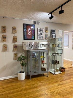 Waiting area for The Mug and Brush Barber shop, Gahanna