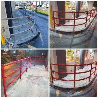 Replacement of crashed iron railing for a commercial business. Upgraded to stronger materials.